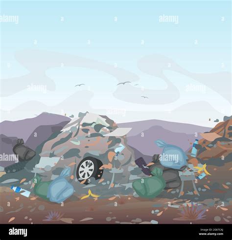 Vector Illustration Of Garbage Landfill Full Of Trash On Mountains