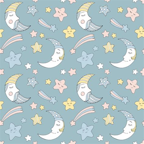 Premium Vector Seamless Pattern With Cute Sleeping Stars And Moons