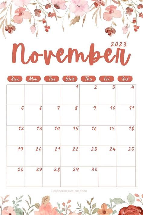 November 2023 Floral Calendar Printable With Flower Designs