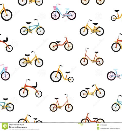 Modern Seamless Pattern With Kids Bicycles Of Various Types Colorful