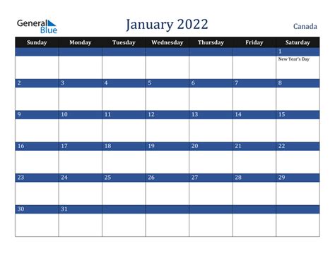 Canada January 2022 Calendar With Holidays