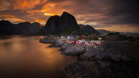 Wallpaper Norway Sky Clouds Sunset Sea Mountain Village House