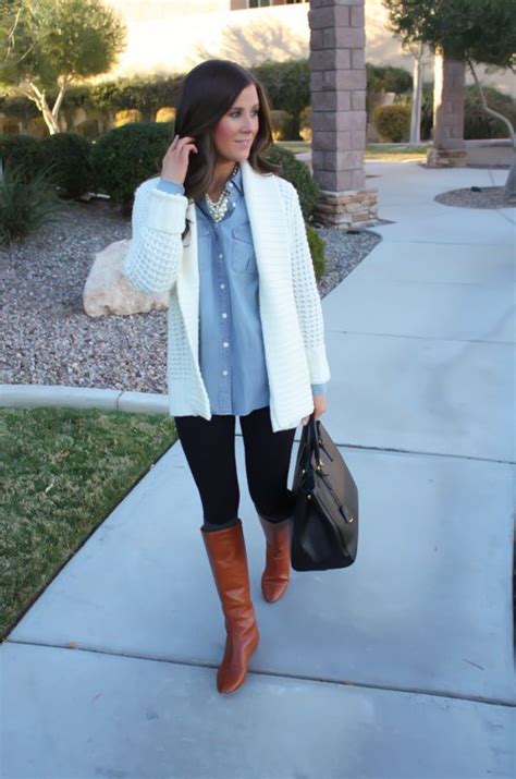 Chambray Shirt White Sweater Black Leggings And Brown Boots Fashion