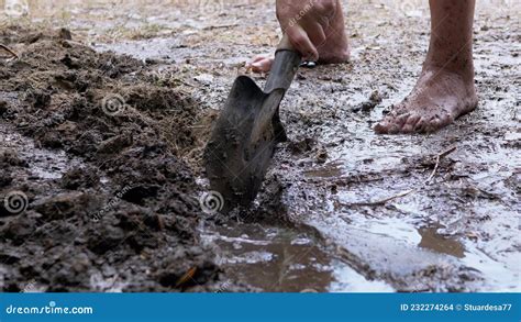 Human Digs A Storm Drain A Trench A Drainage In Wet Earth With Using