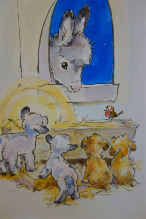 Diana Matthes Christmas Night With Donkeys A Robin And Lambs In A