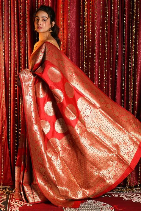Red Blended Silk Saree With Zari Border And Pallu Charukriti 3076287