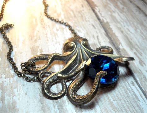 Steampunk Octopus Necklace Rare Montana Blue Vintage Glass