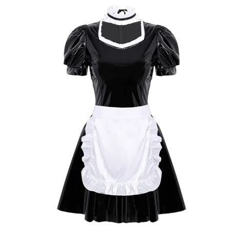Womens French Maid Cosplay Costume Outfits Shiny Pvc Leather Bow Knot