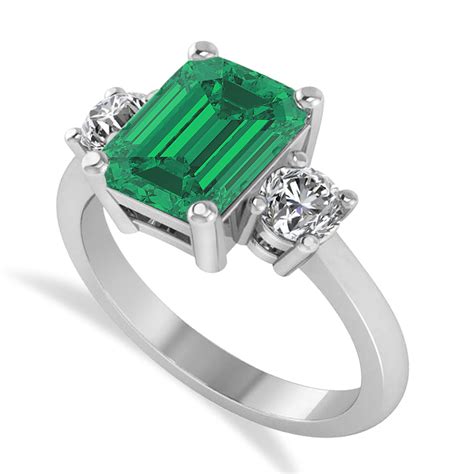 Emerald And Round 3 Stone Emerald And Diamond Engagement Ring 14k White