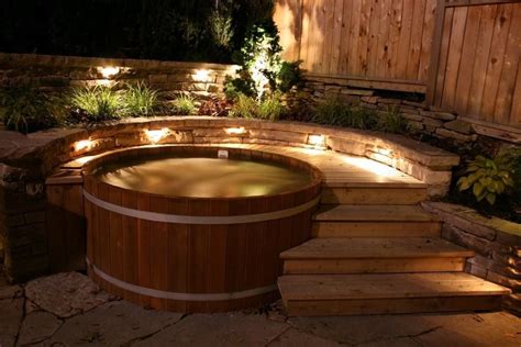 Wood Hot Tub In Evening Light Hot Tub Backyard Hot Tub Outdoor Hot