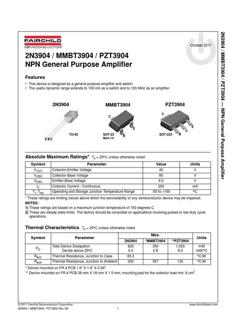 2n3904 Datasheet Bipolar Junction Transistor Amplifier