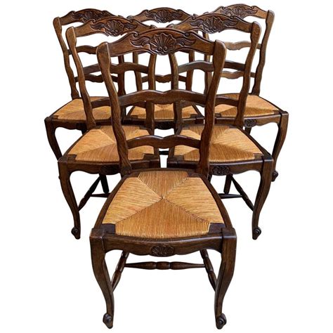 Set 6 Antique French Country Carved Oak Ladder Back Dining Chair Rush
