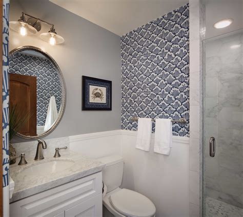 Blue And Gray Coastal Bathroom With Wave Wallpaper 50401 House