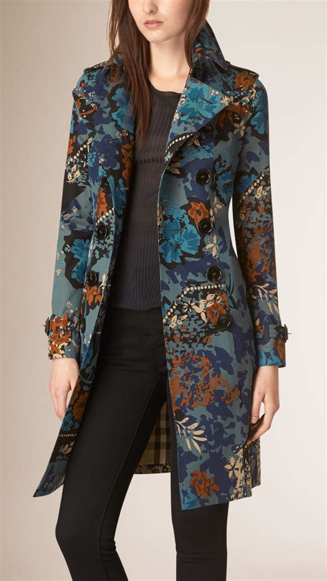 Lyst Burberry Floral Cotton Gabardine Trench Coat In Blue