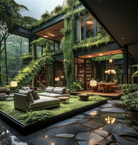 A Living Room With Lots Of Green Plants On The Walls And Flooring In Front Of It