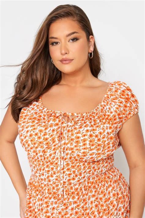 Plus Size Orange Floral Print Bardot Maxi Dress Yours Clothing