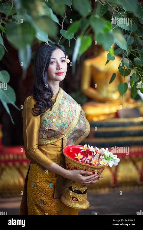 Beautiful Laos Girl In Costume Asian Woman Wearing Traditional Laos Culture Vintage Style