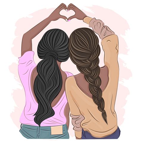 Stylish Girlfriends Or Two Sisters Show With Hands Heart View From The Back Friendship Concept