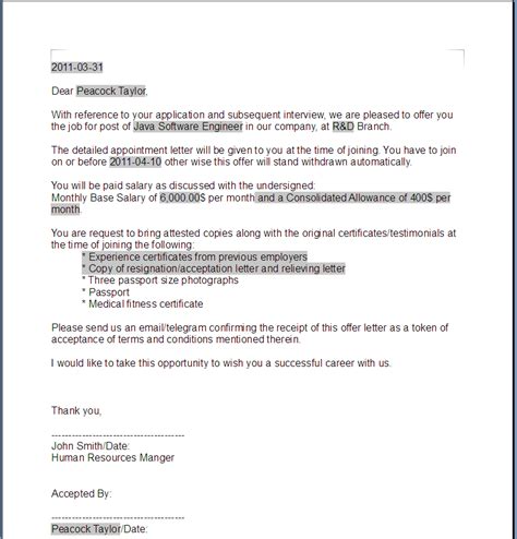 Free Printable Offer Letter Template Form Generic