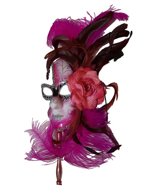 Hot Pink Silver Fancy Feather Flower Stick Masquerade Mardi Gras Mask