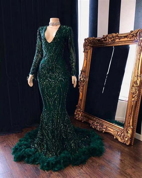 Charming Dark Green Long Sleeves Lace Up Sequins Lace Mermaid Prom