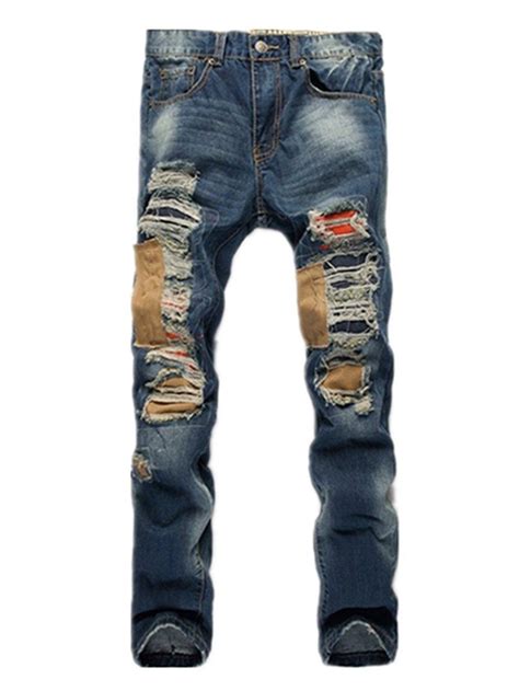 Mens Ripped Destroyed Washed Distressed Denim Slim Straight Jeans
