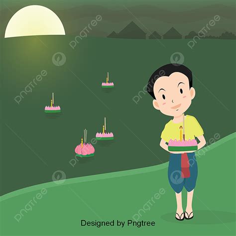 รูปรูปการ์ตูนลอยกระทง วัน ลอยกระทง Png ลอยกระทง โคมไฟน้ำ สีเขียวภาพ