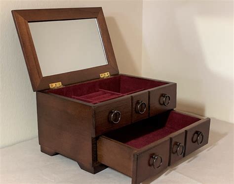 Vintage Fine Wood Jewelry Box Storage Padded Drawer And Compartments