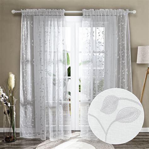Deconovo White Sheer Curtains With Leaf Pattern Rod Pocket Window