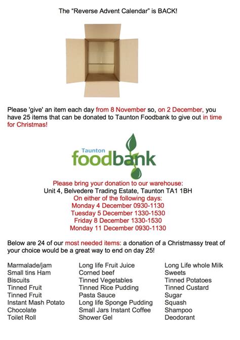 Fresno community food bank distribution. Reverse Advent Calendar | Taunton Foodbank