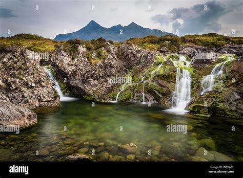 Sligachan Waterfalls With Black Cuillin Mountains In Background And Low