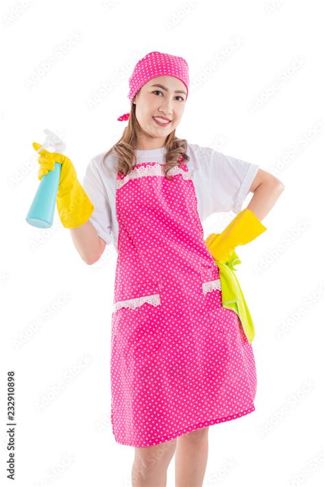 Beautiful Asian Maid In Pink Apron Isolated Over White Background Stock