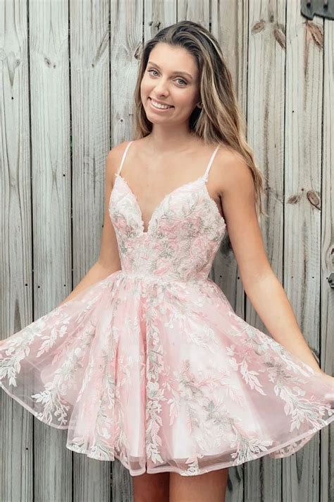 Pink Spaghetti Straps Lace Short Prom Dresses Homecoming Dresses Mhl In Lace