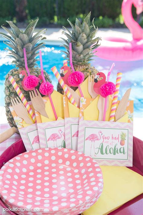 Pink flamingo luau pool party. Summer Backyard Flamingo Pool Party Ideas - The Polka Dot ...