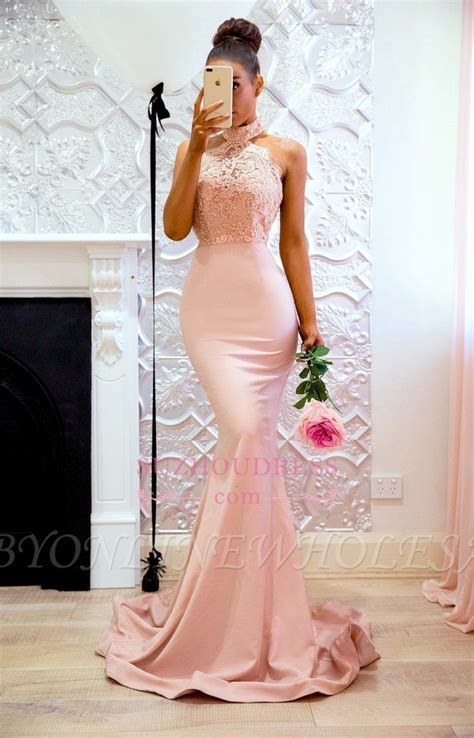 Elegant Mermaid Pink High Neck Prom Dresses Open Back Lace Evening