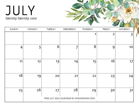 Free Printable July 2021 Calendar 12 Awesome Designs