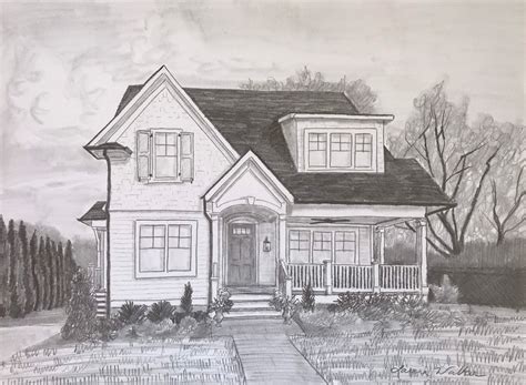 Drawing Of House Pencil Sketch 9x12 Pencil House Drawing Etsy