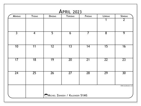 Kalender april 2023 för att skriva ut 51MS Michel Zbinden FI