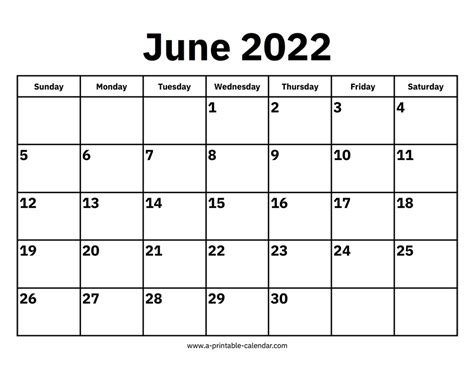 June 2022 Calendar A Printable Calendar