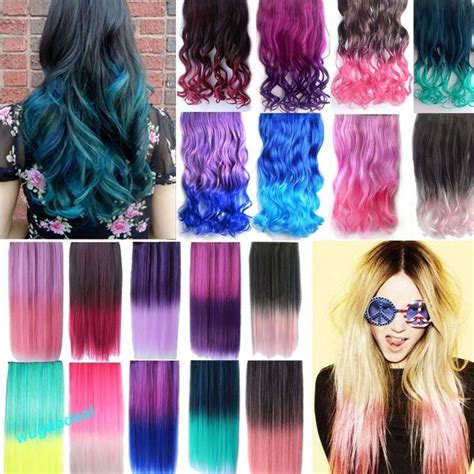 1824 New Rainbow Fading Color Hair Extensions Curly Straight Clip 18