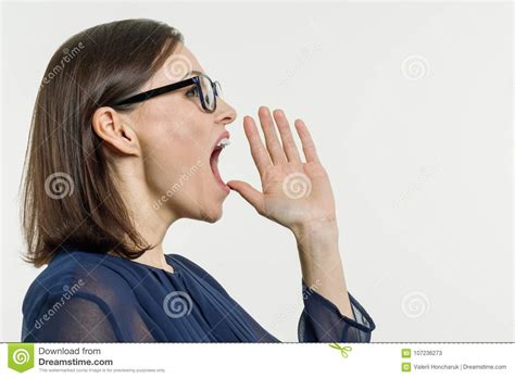 A Woman Shouting Screaming Portrait In Profile White Background Stock Image Image Of