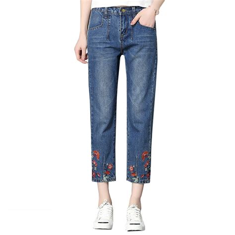 Ctrlcity Spring Vintage Plus Size Bf Women Floral Embroidery Jeans High Waist Ladies Straight