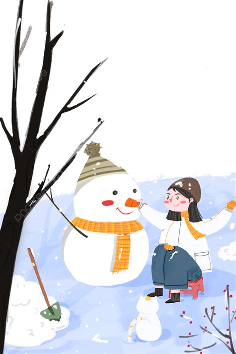 Snow Cartoon Girl Build Snowman Winter Snow Snow Scene Cartoon Heavy