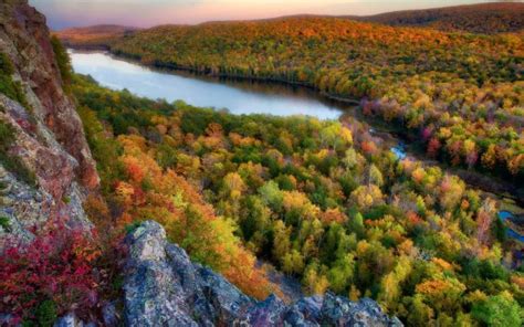 Green Yellow Red Green Autumn Trees Mountains Pink Flowers Rocks River