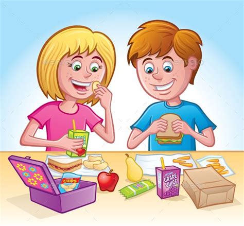 Cartoon Of A Girl And Boy Eating Their Lunches At School Food Cartoon