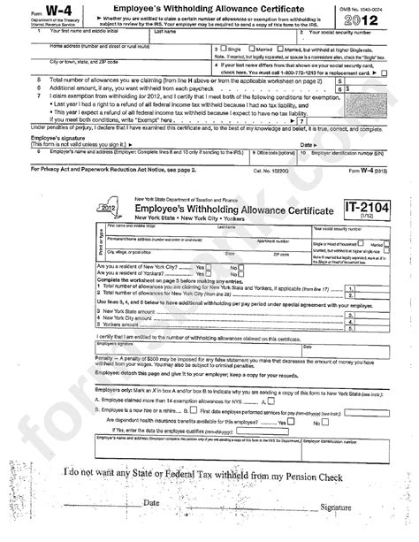 form w 4 employee s withholding allowance certificate 2012 new york state form it 2104
