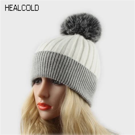 winter hat for women knitted wool beanie caps faux fur pompom hats warm skullies ladies fur