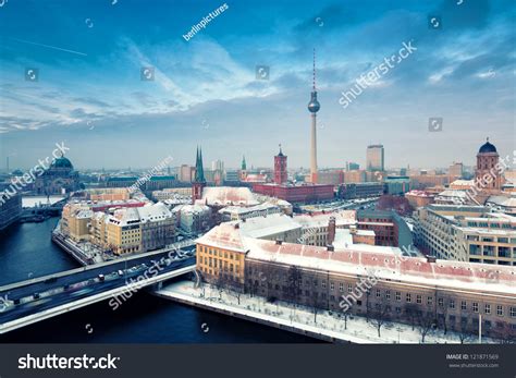 Berlin Skyline Winter City Panorama With Snow And Blue Sky Famous