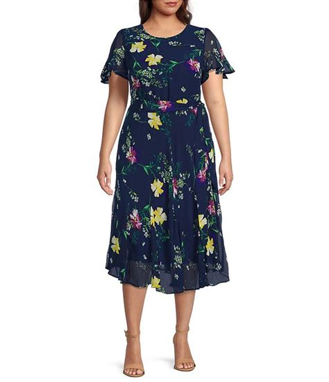 Dkny Plus Size Short Flutter Sleeve Floral Print Chiffon Round Neck Midi Dress Dillards