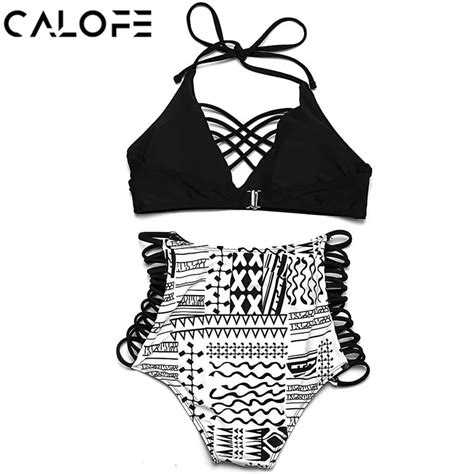 Calofe Women Sexy High Waist Geometic Printed Halter Bikini Set Women